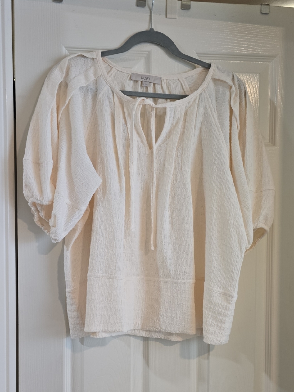 LOFT Cream Textured Tie-Neck Peasant Blouse